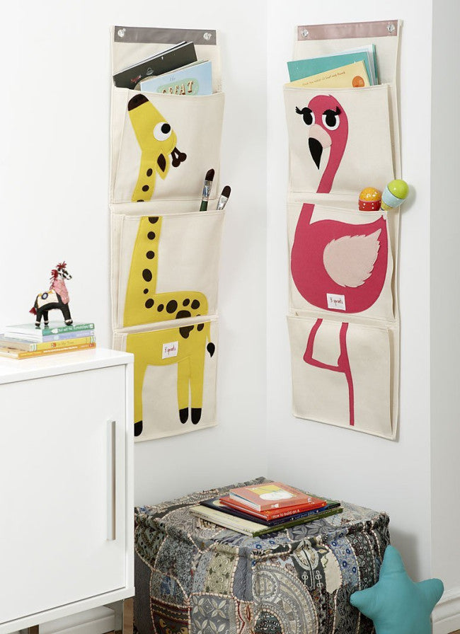 3 Sprouts Yellow Giraffe Cotton Canvas 3 Pockets Wall Hanging Organizer Storage Bag Kid