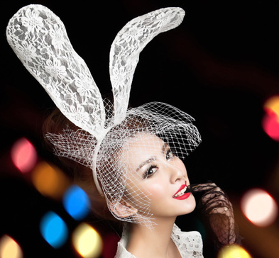 Halloween White Lace Long Bunny Ears Headband Costume