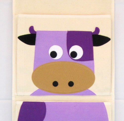 3 Sprouts Purple Cow Animal Cotton Canvas 3 Pockets Wall Hanging Organizer Storage Bag