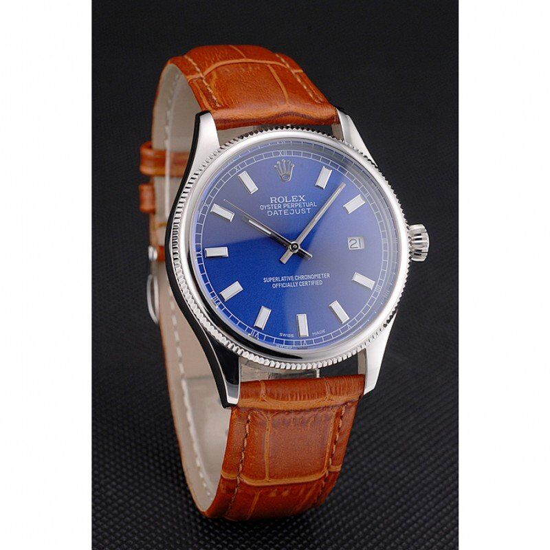 rol€x Datejust Blue Dial Stainless Steel Case Light Brown Leather Strap