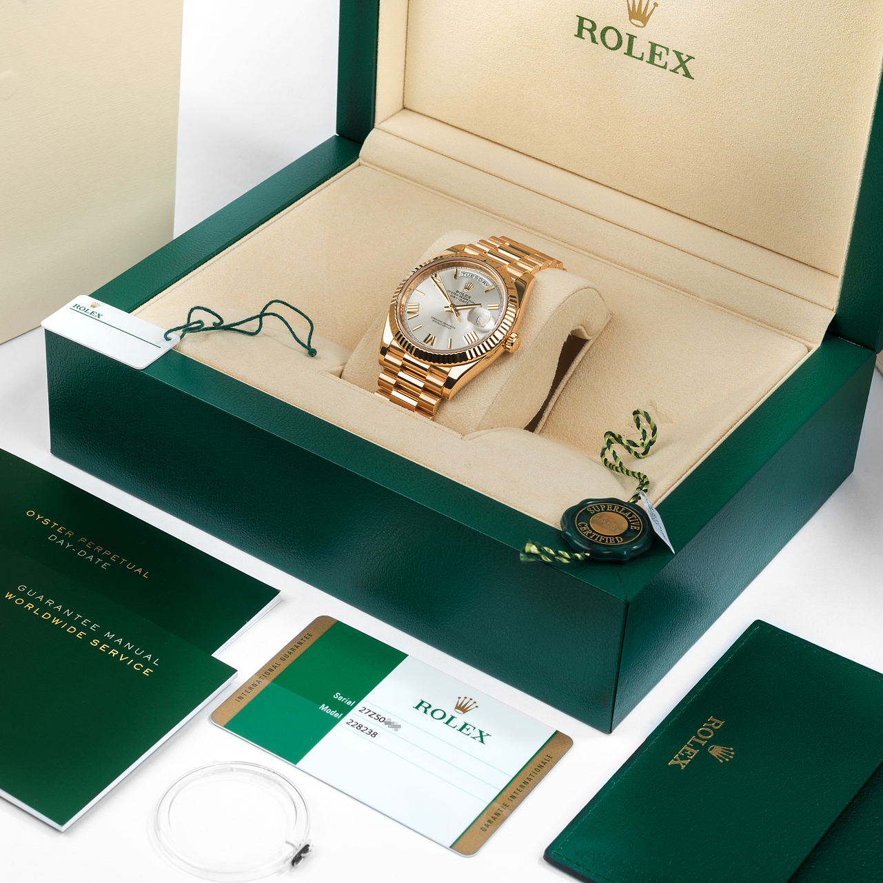 rol€x 228238 DAY-DATE 40MM PRESIDENT 18K YELLOW GOLD SILVER ROMAN DIAL