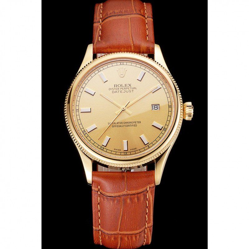 rol€x Datejust Gold Dial Gold Case Light Brown Leather Strap