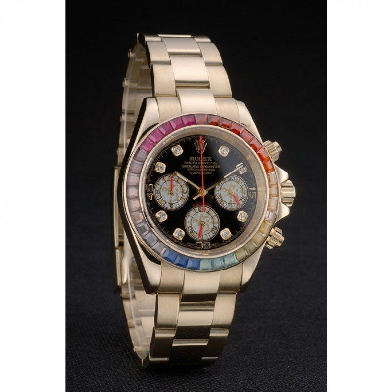 rol€x Daytona Cosmograph Rainbow Crystals Bezel Rose Gold Strap Black Dial 80251