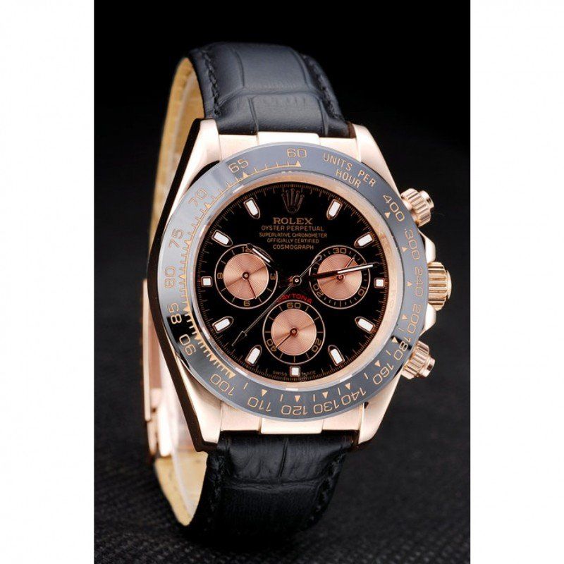 rol€x Daytona Rose Gold Case Black Dial Black Leather Strap