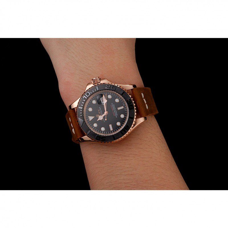 rol€x Yacht-Master Black Dial Rose Gold Case Brown Leather Bracelet 1453861