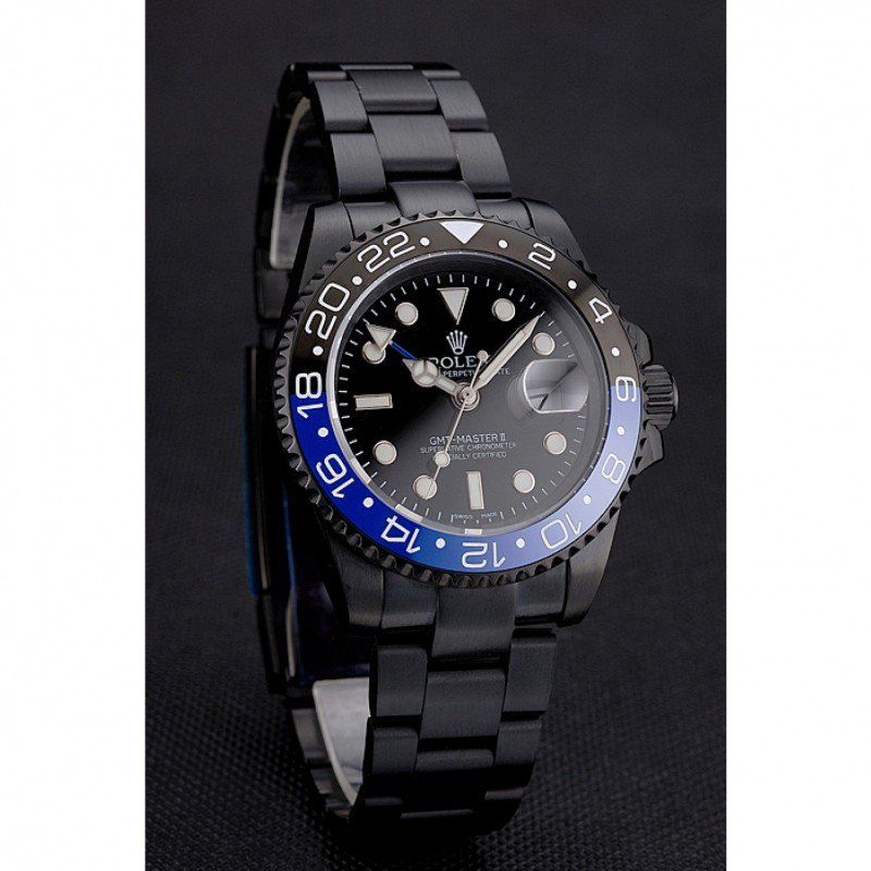 Swiss rol€x GMT Master II Black Dial Blue And Black Bezel Black PVD Case And Bracelet PR18239