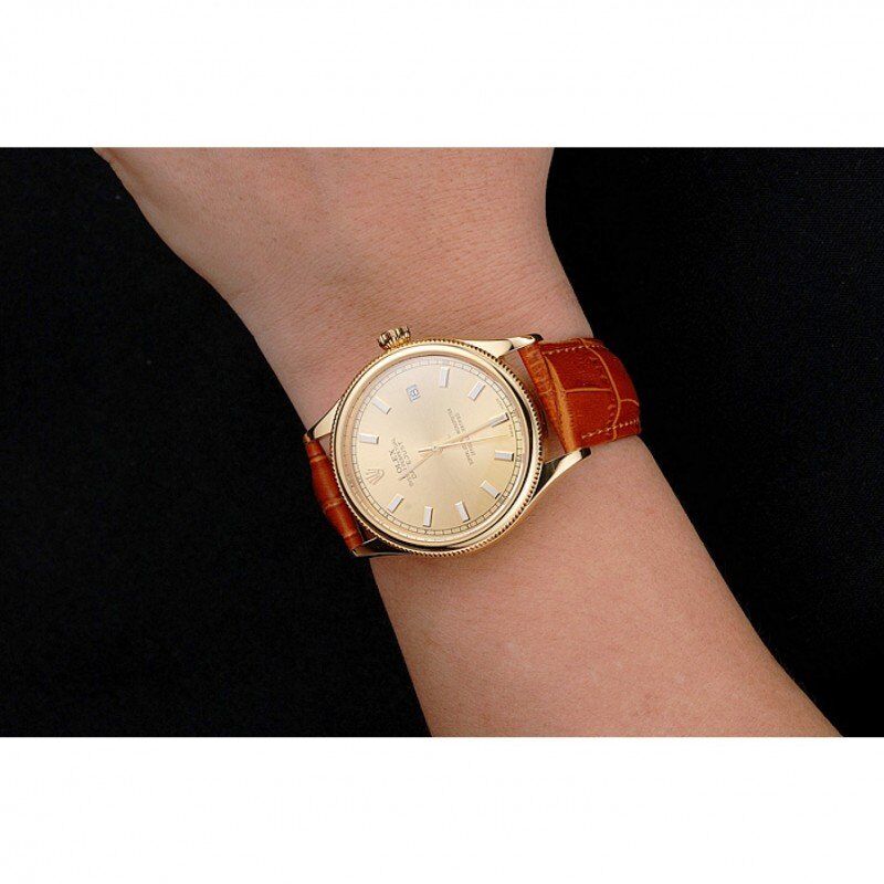 rol€x Datejust Gold Dial Gold Case Light Brown Leather Strap