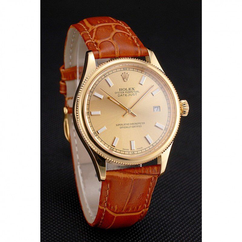 rol€x Datejust Gold Dial Gold Case Light Brown Leather Strap