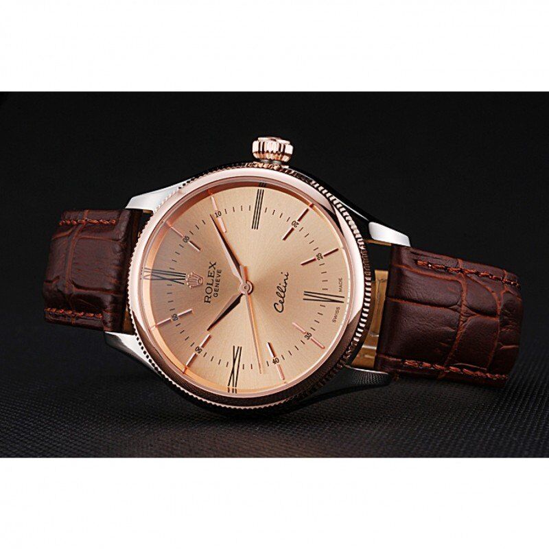 rol€x Cellini Gold Dial And Bezel Stainless Steel Case Brown Leather Strap 622840