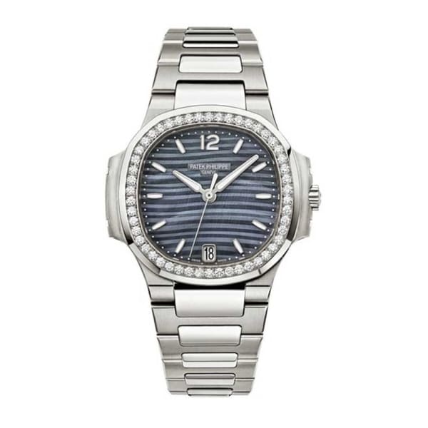 PAT€K PHIL!PPE Nautilus Blue Tinted Mother Of Pearl Dial Automatic Ladies Diamond Watch 7018/1A-010
