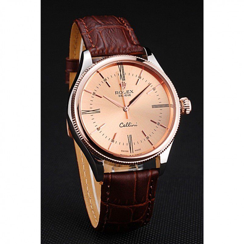 rol€x Cellini Gold Dial And Bezel Stainless Steel Case Brown Leather Strap 622840