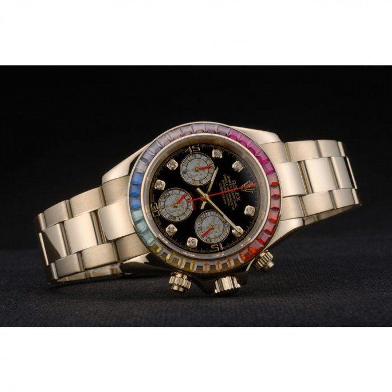 rol€x Daytona Cosmograph Rainbow Crystals Bezel Rose Gold Strap Black Dial 80251