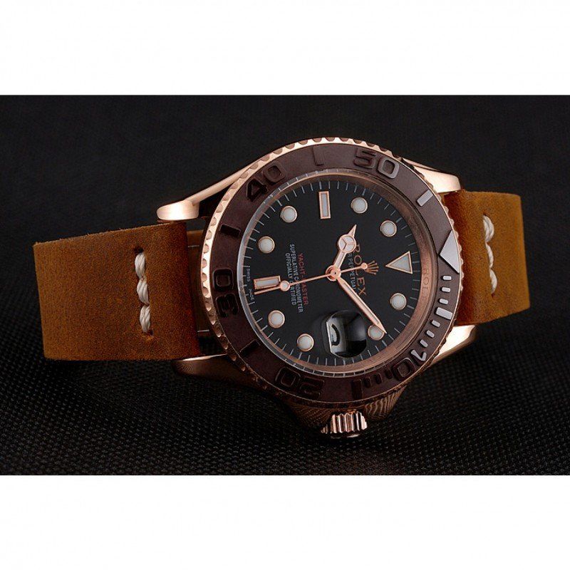 rol€x Yacht-Master Black Dial Brown Bezel Rose Gold Case Brown Leather Bracelet 1453860