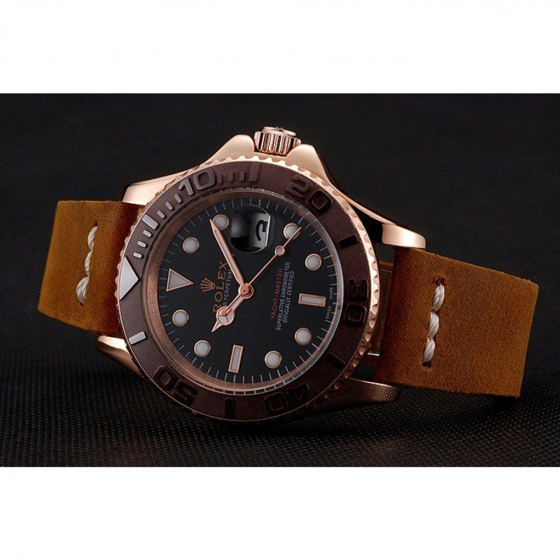 rol€x Yacht-Master Black Dial Brown Bezel Rose Gold Case Brown Leather Bracelet 1453860