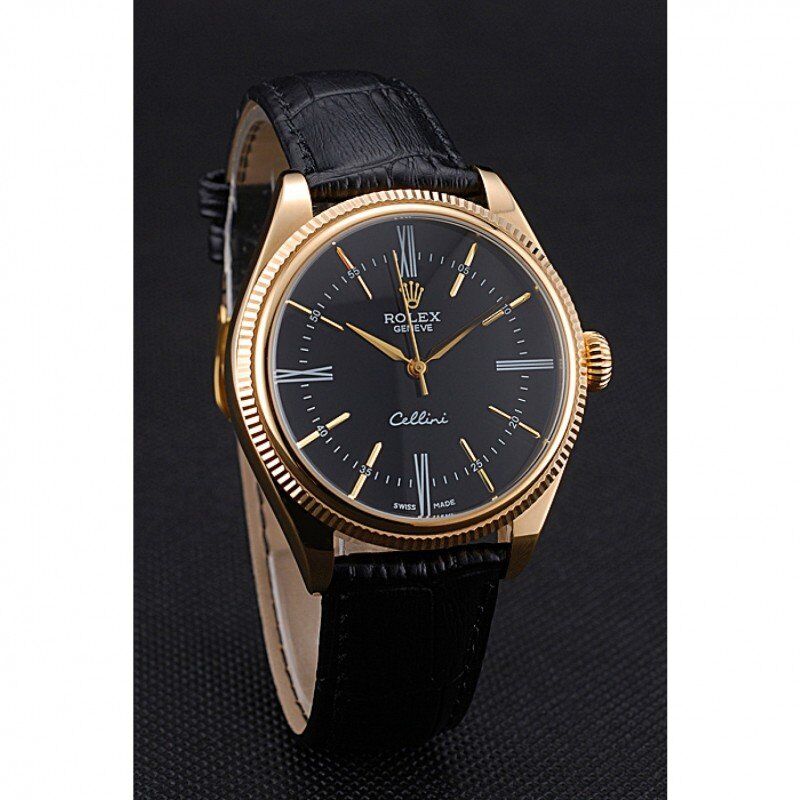 rol€x Cellini Black Dial Gold Case Black Leather Strap 622832