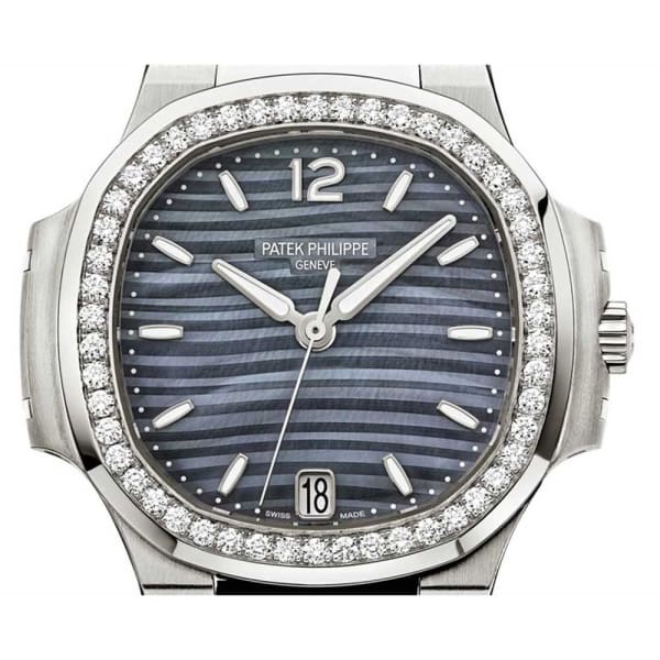 PAT€K PHIL!PPE Nautilus Blue Tinted Mother Of Pearl Dial Automatic Ladies Diamond Watch 7018/1A-010