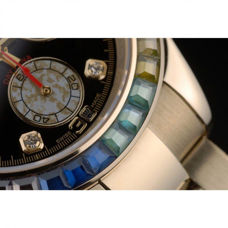 rol€x Daytona Cosmograph Rainbow Crystals Bezel Rose Gold Strap Black Dial 80251
