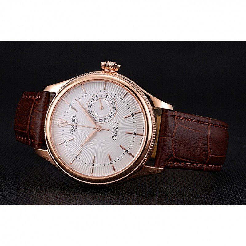 rol€x Cellini White Rose Dial Gold Case Brown Leather Bracelet 622725