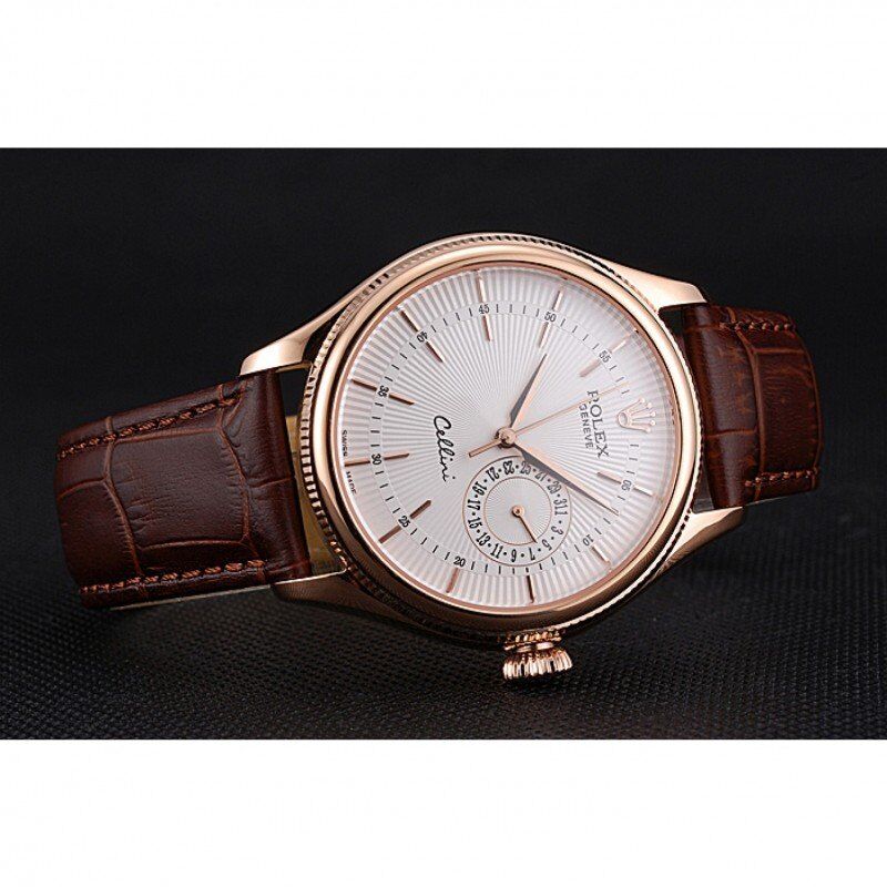 rol€x Cellini White Rose Dial Gold Case Brown Leather Bracelet 622725