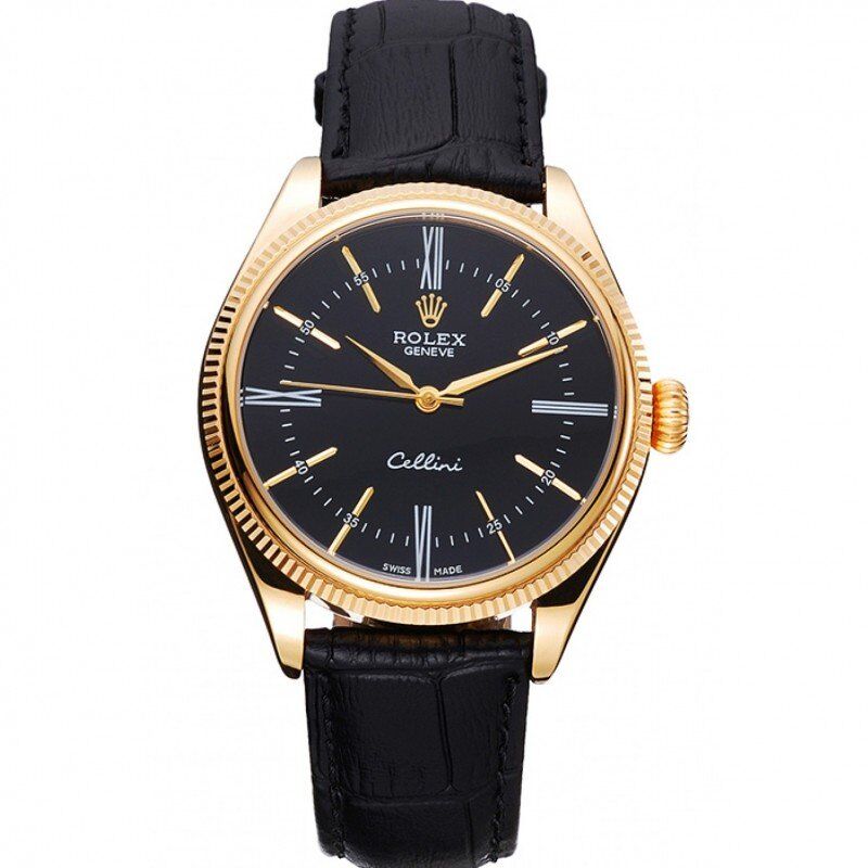 rol€x Cellini Black Dial Gold Case Black Leather Strap 622832