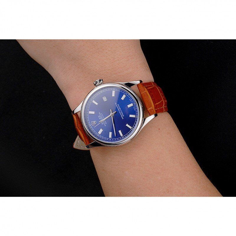 rol€x Datejust Blue Dial Stainless Steel Case Light Brown Leather Strap