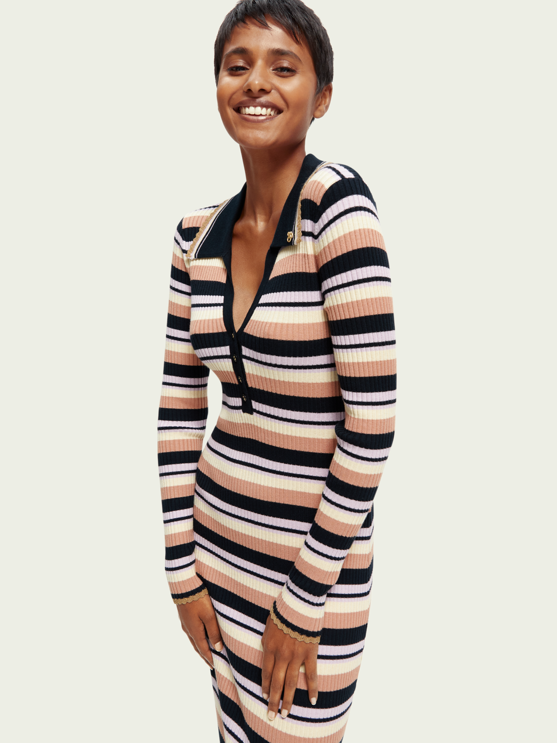 Long-Sleeved Rib Knitted Polo Midi Dress | scotch & soda outlet