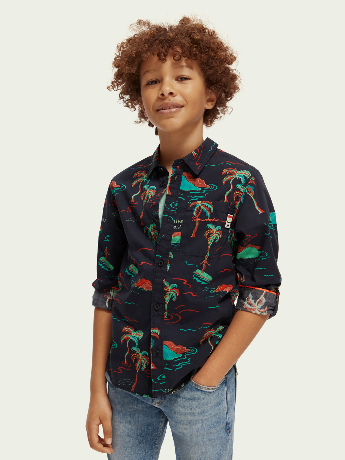 Printed Button-Down Shirt With Sleeve-Adjustment