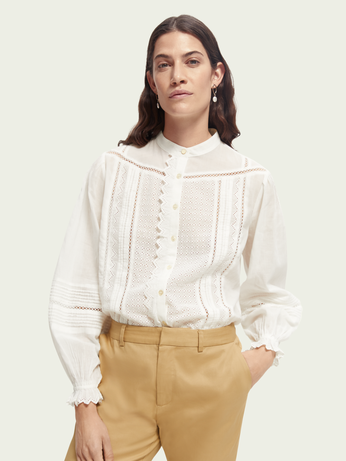 Long-Sleeved Organic Cotton Broderie Shirt | scotch & soda outlet