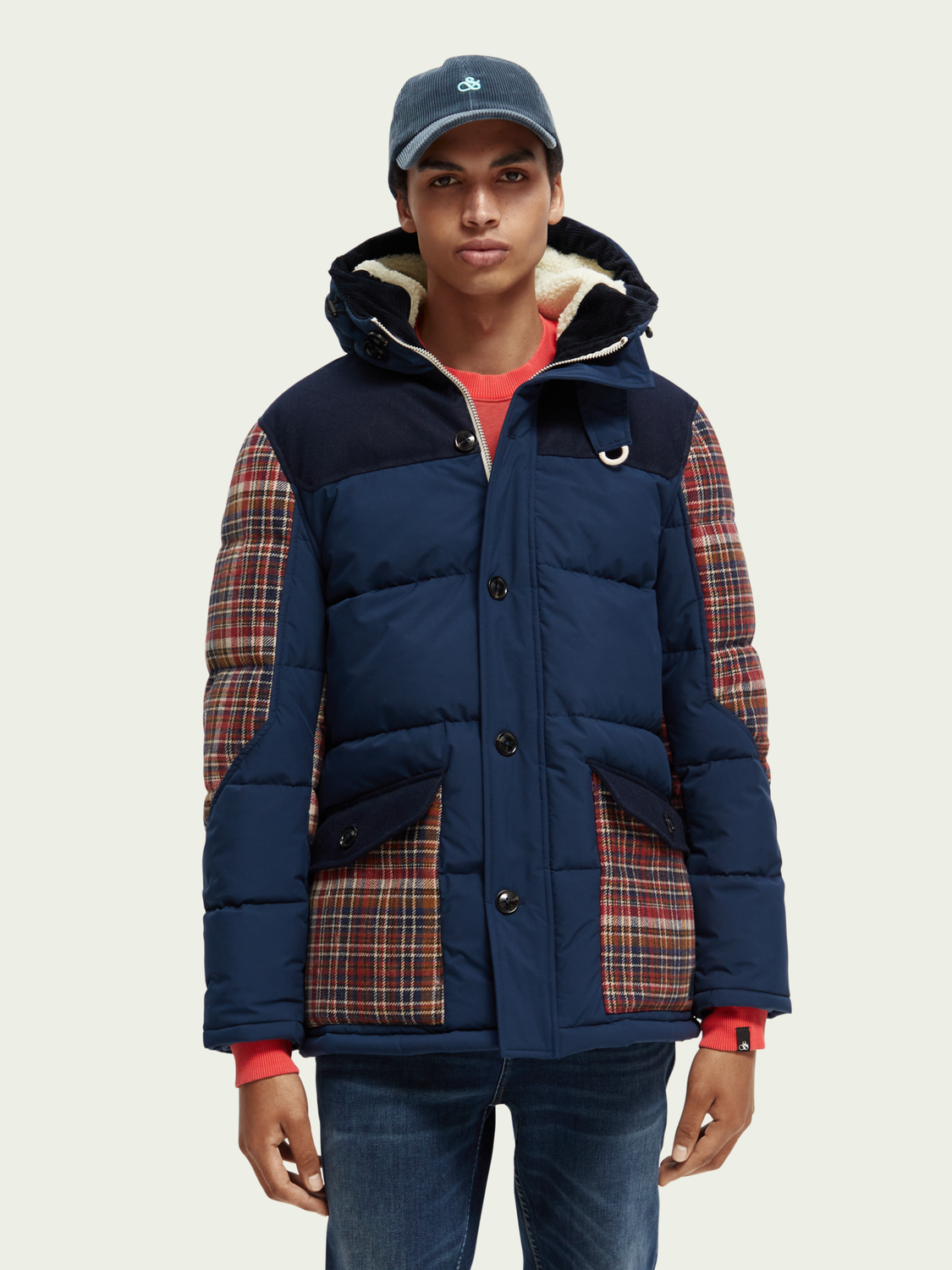Water-Repellent Check-Panelled Puffer Jacket | Scotch And Soda Outlet