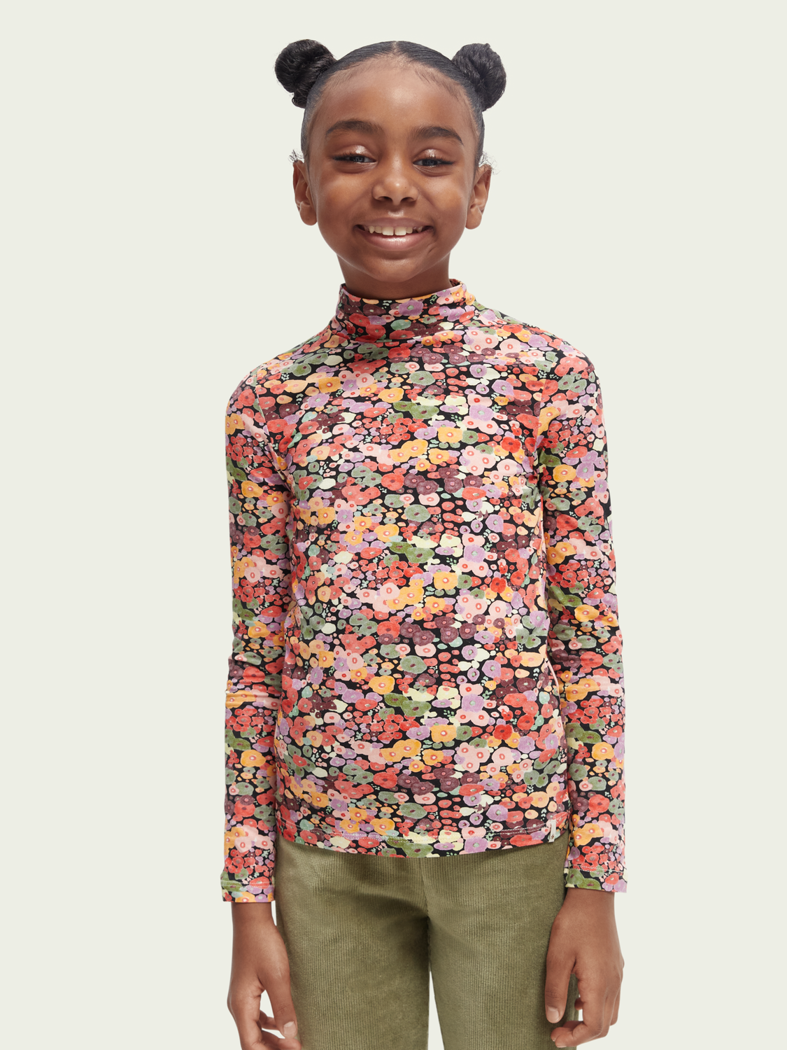 Printed Long-Sleeved Fitted Turtleneck T-Shirt