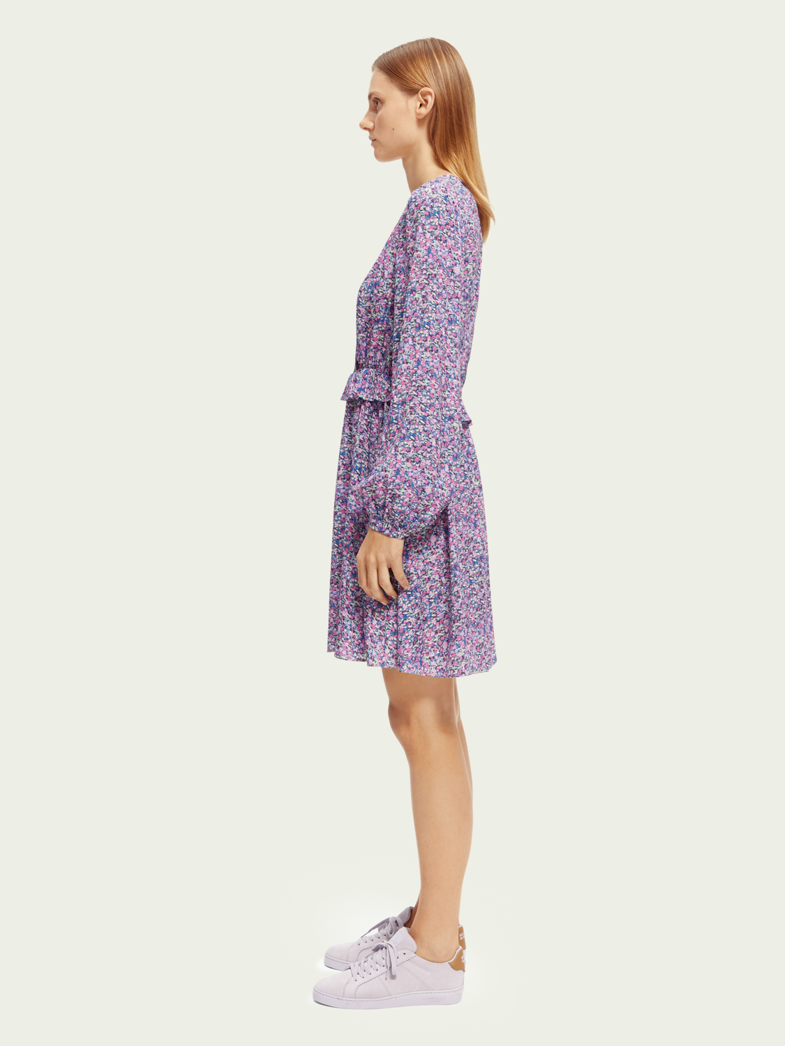 Long-Sleeved Printed V-Neck Mini Dress