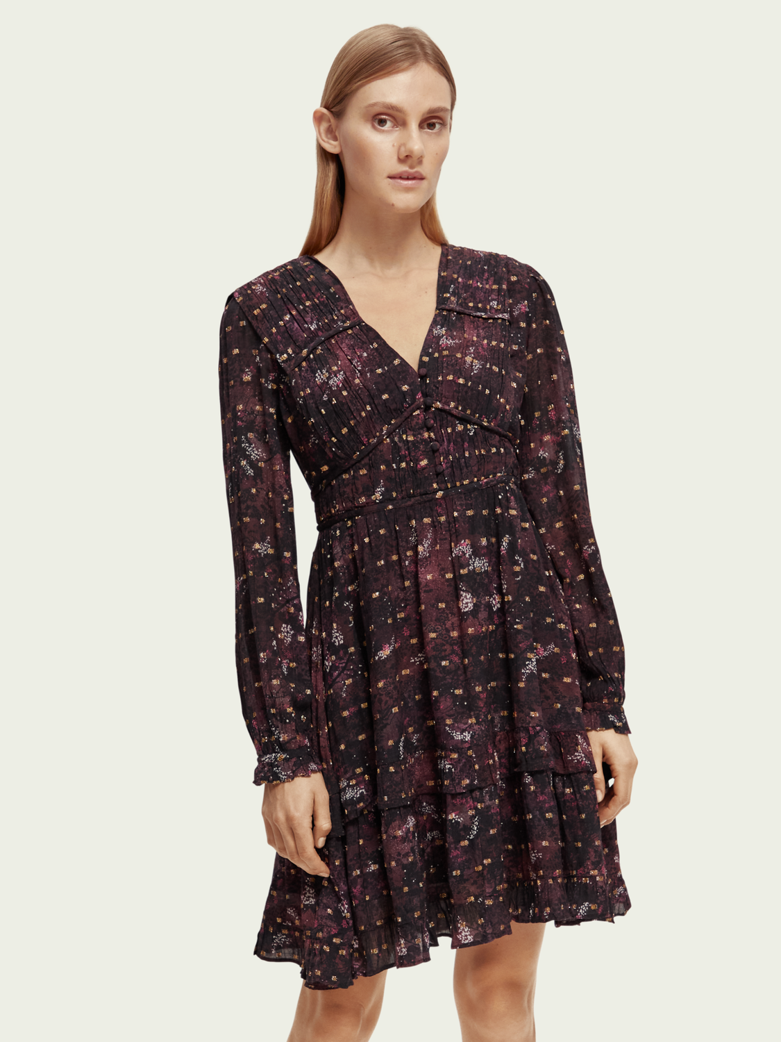 Ruffled Long Sleeved Jacquard Mini Dress | scotch & soda outlet