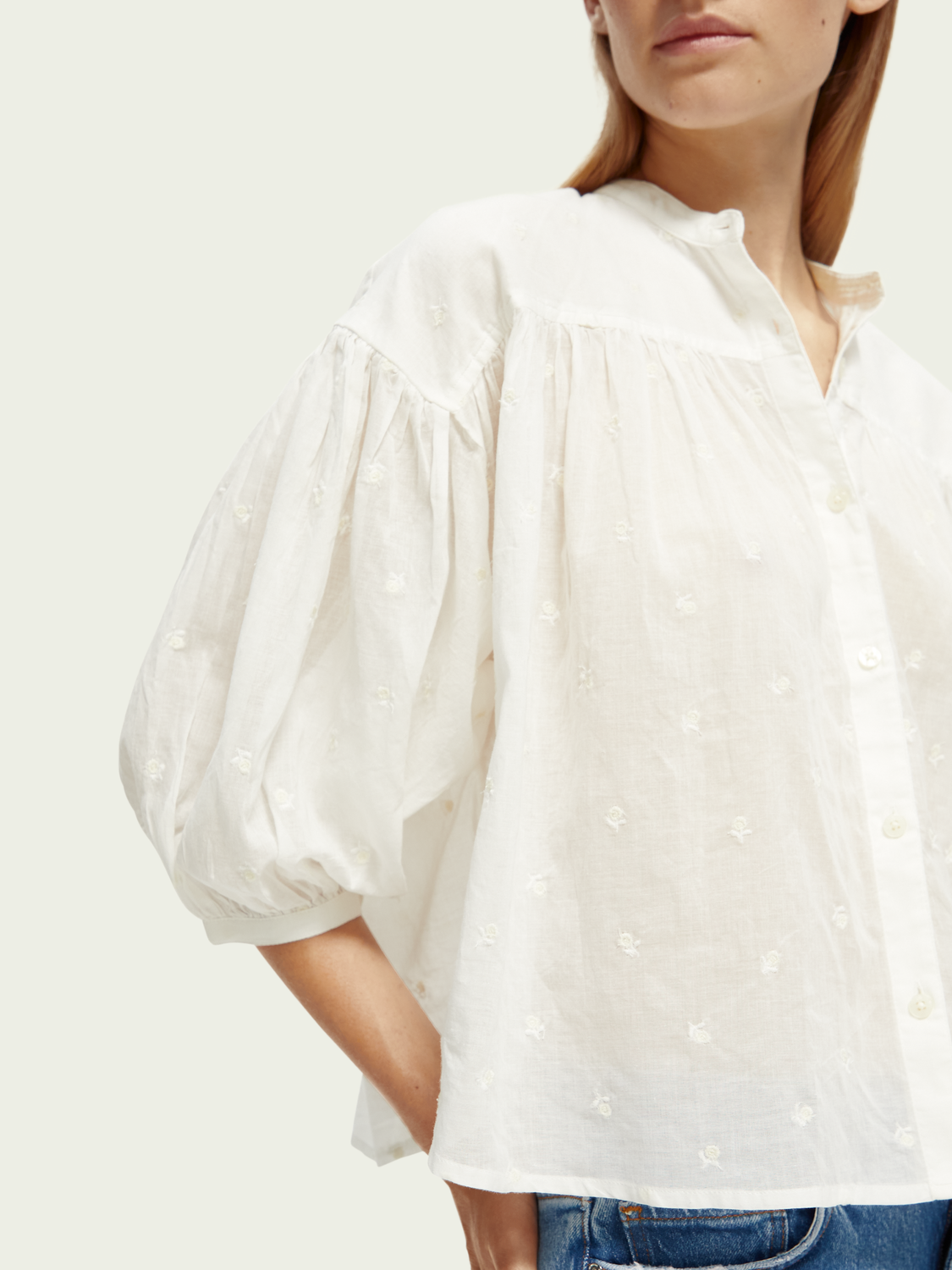 Organic Gathered Sleeve Embroidered Shirt | scotch & soda outlet