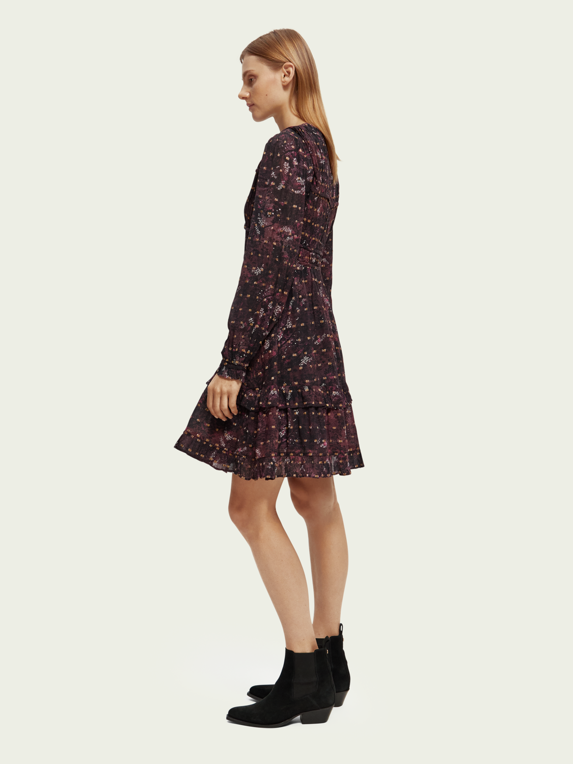 Ruffled Long Sleeved Jacquard Mini Dress | scotch & soda outlet