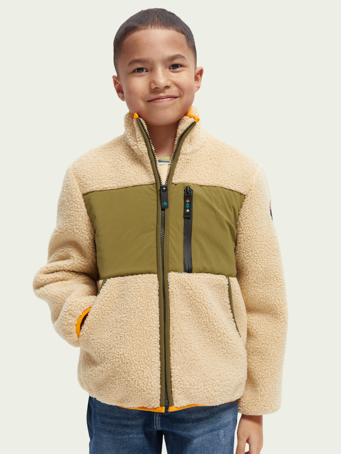 Contrast Panelled Zip-Through Teddy Jacket