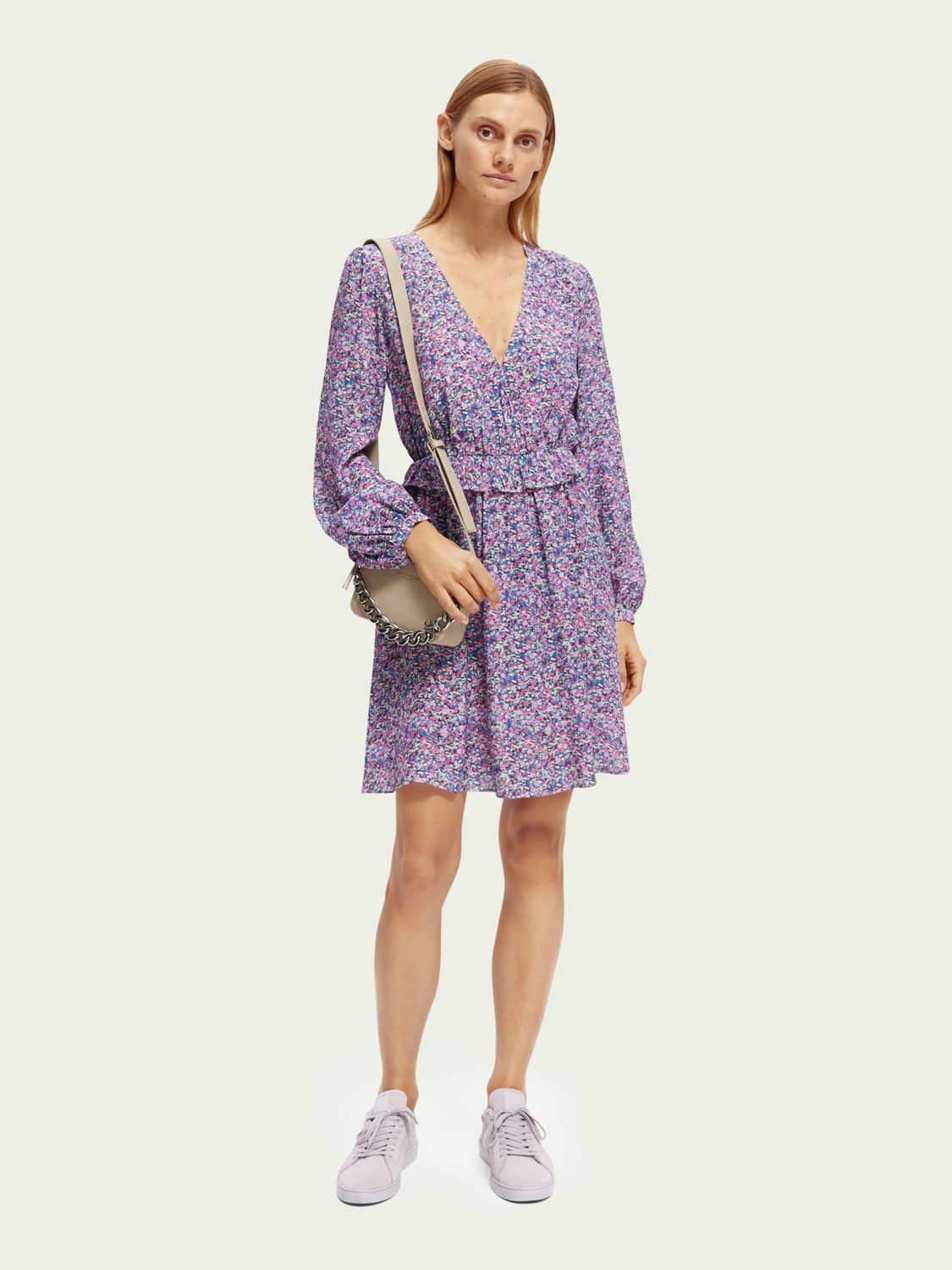 Long-Sleeved Printed V-Neck Mini Dress