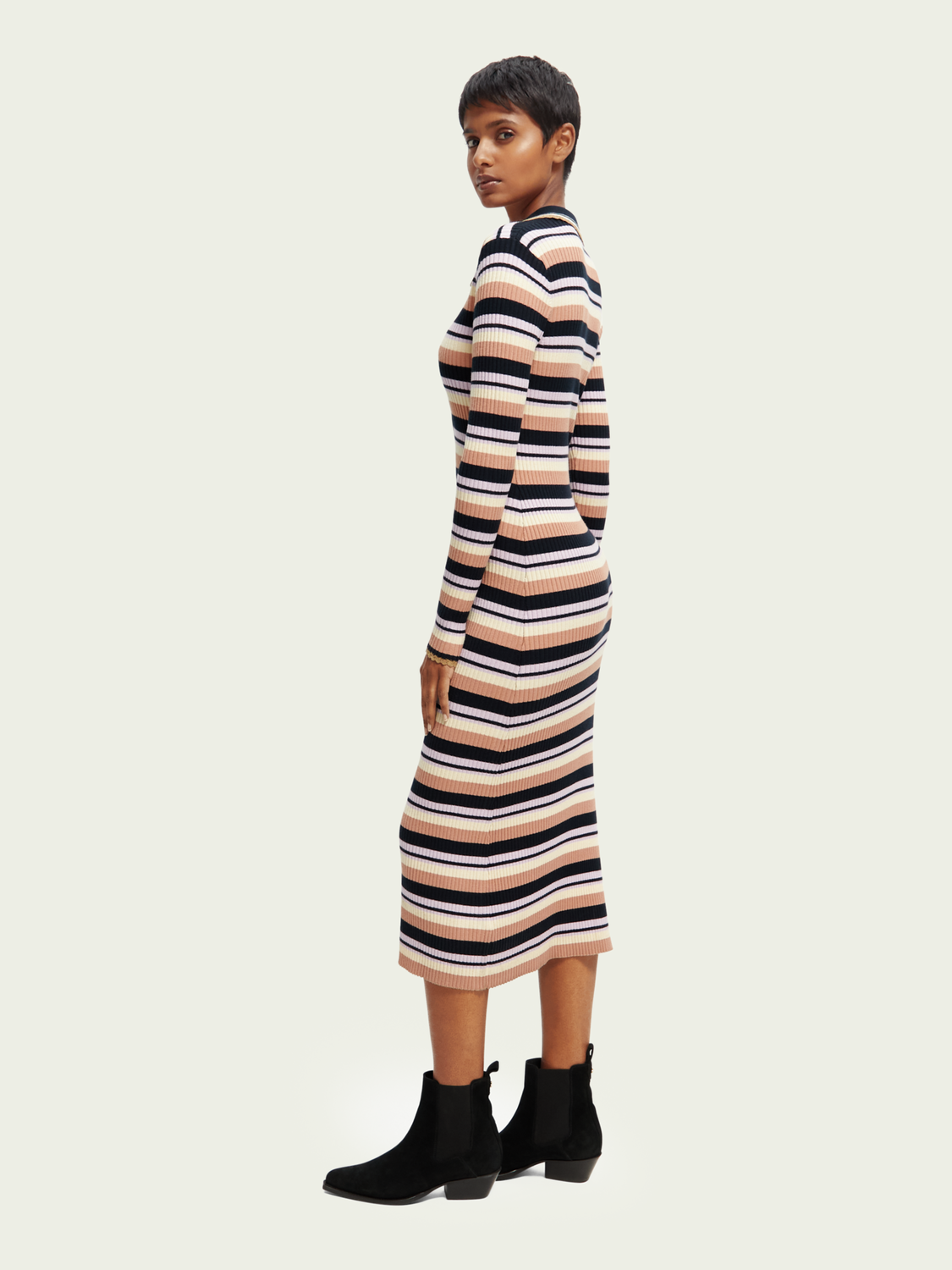 Long-Sleeved Rib Knitted Polo Midi Dress | scotch & soda outlet
