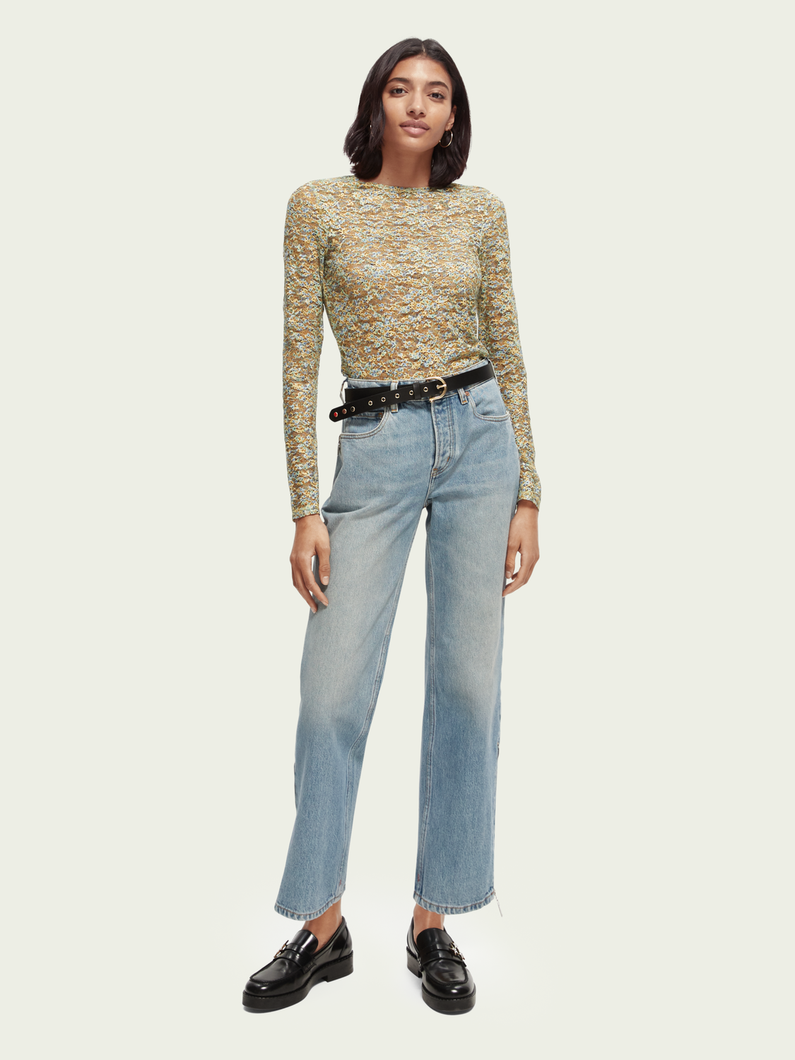 Printed Slim-Fit Sheer Lace Top | scotch & soda outlet