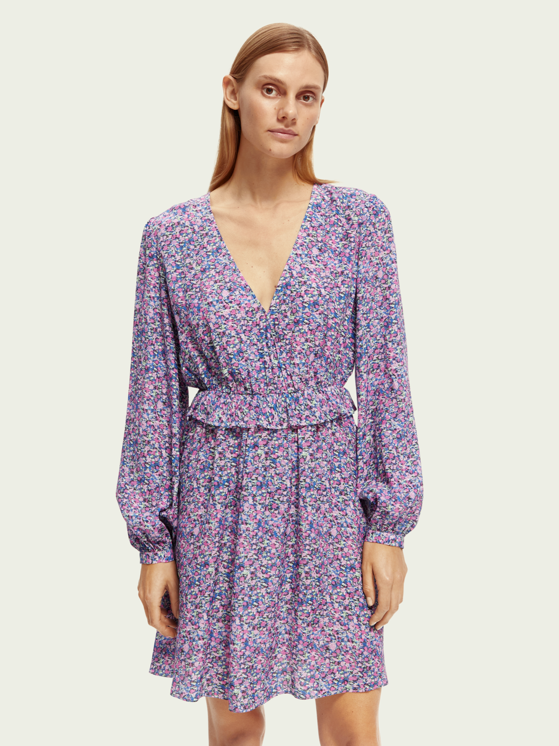 Long-Sleeved Printed V-Neck Mini Dress