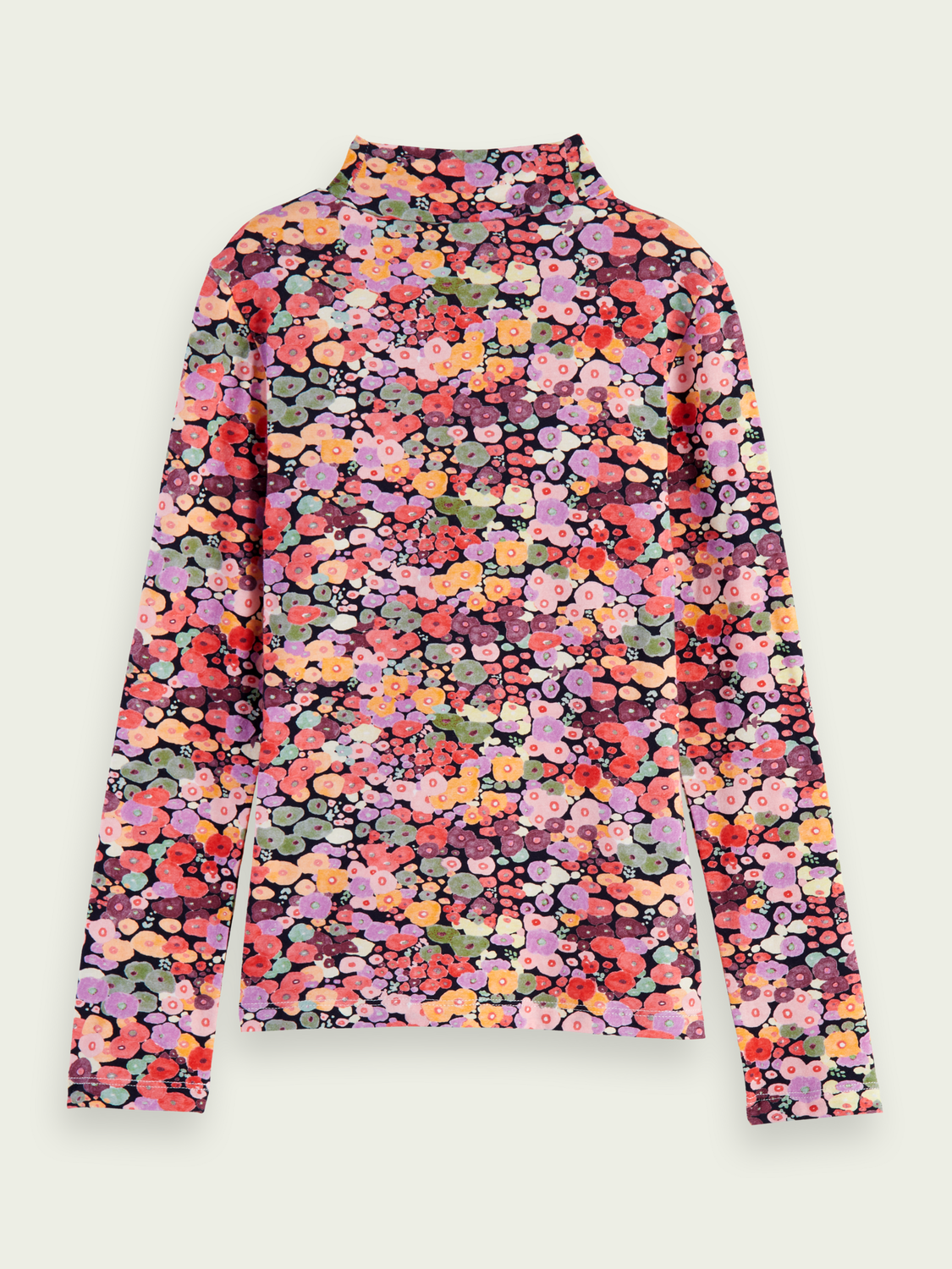 Printed Long-Sleeved Fitted Turtleneck T-Shirt