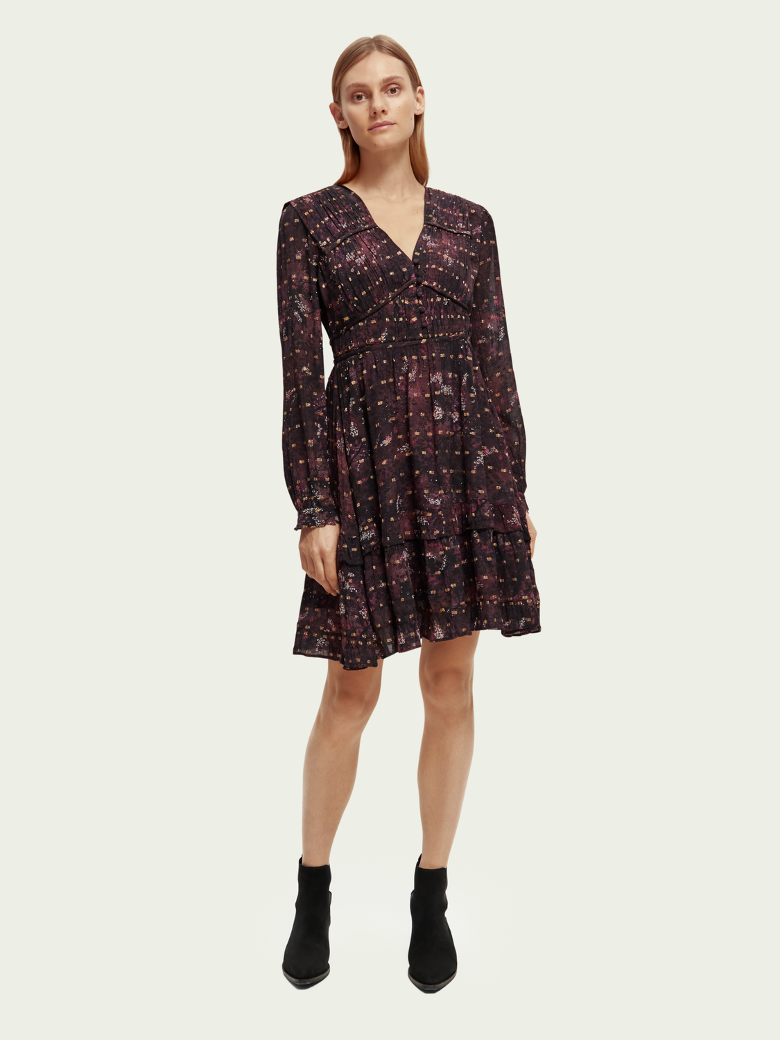 Ruffled Long Sleeved Jacquard Mini Dress | scotch & soda outlet