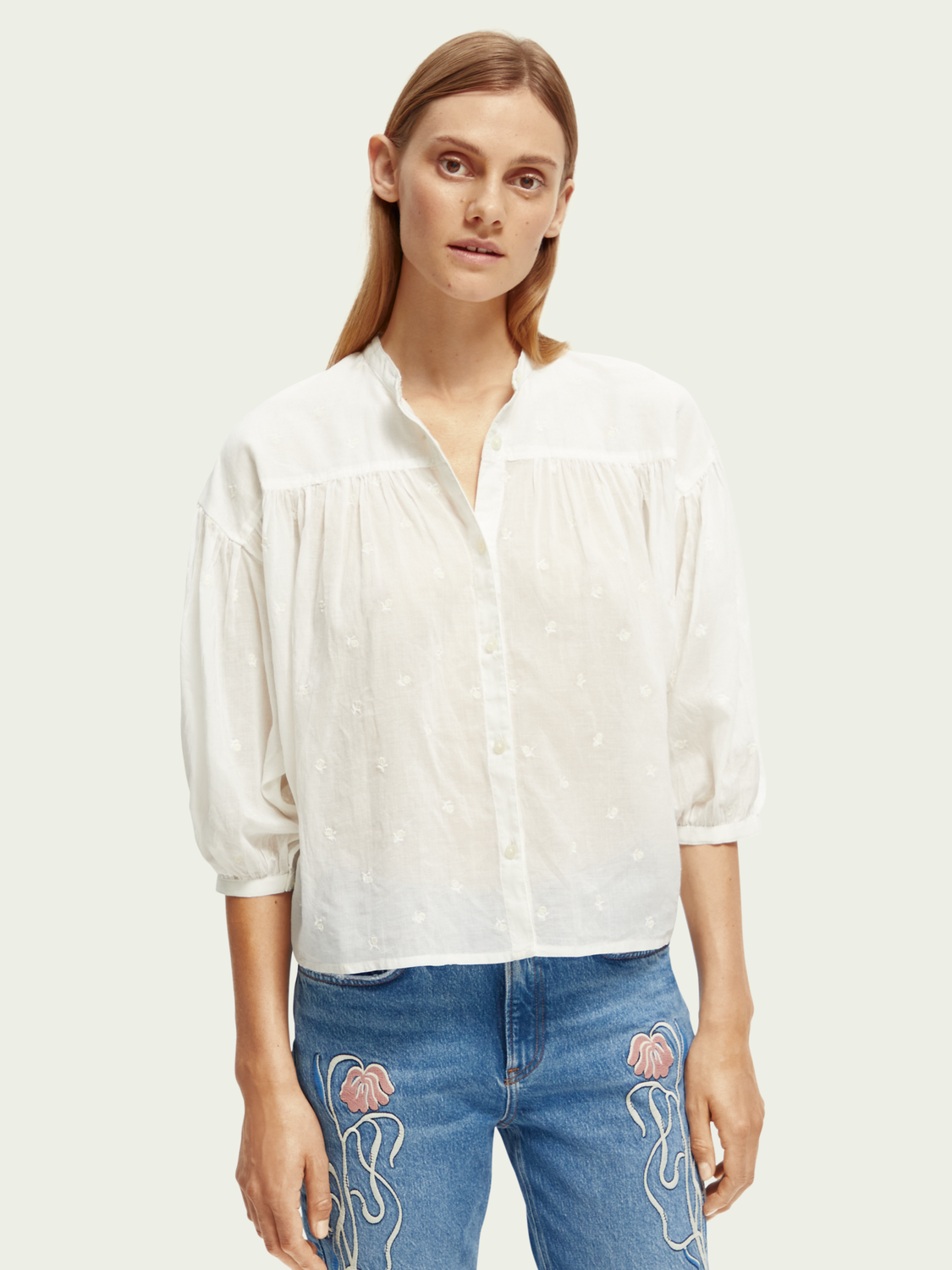 Organic Gathered Sleeve Embroidered Shirt | scotch & soda outlet