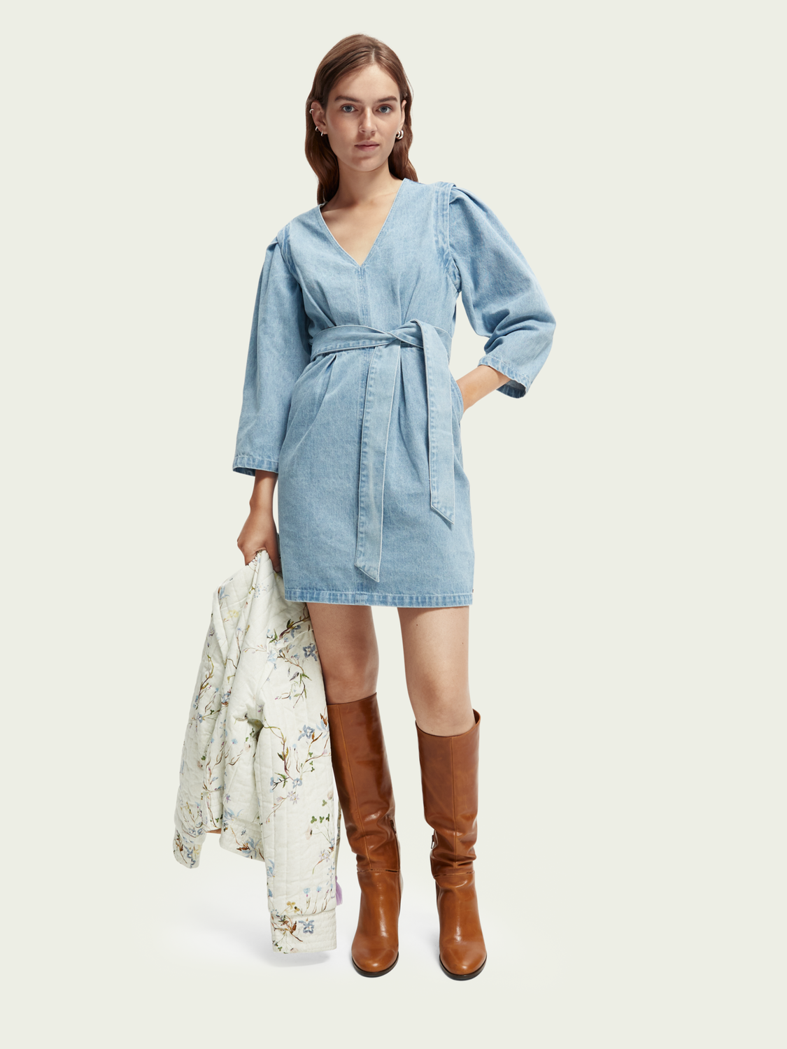 V-Neck Belted Denim Mini Dress | scotch & soda outlet