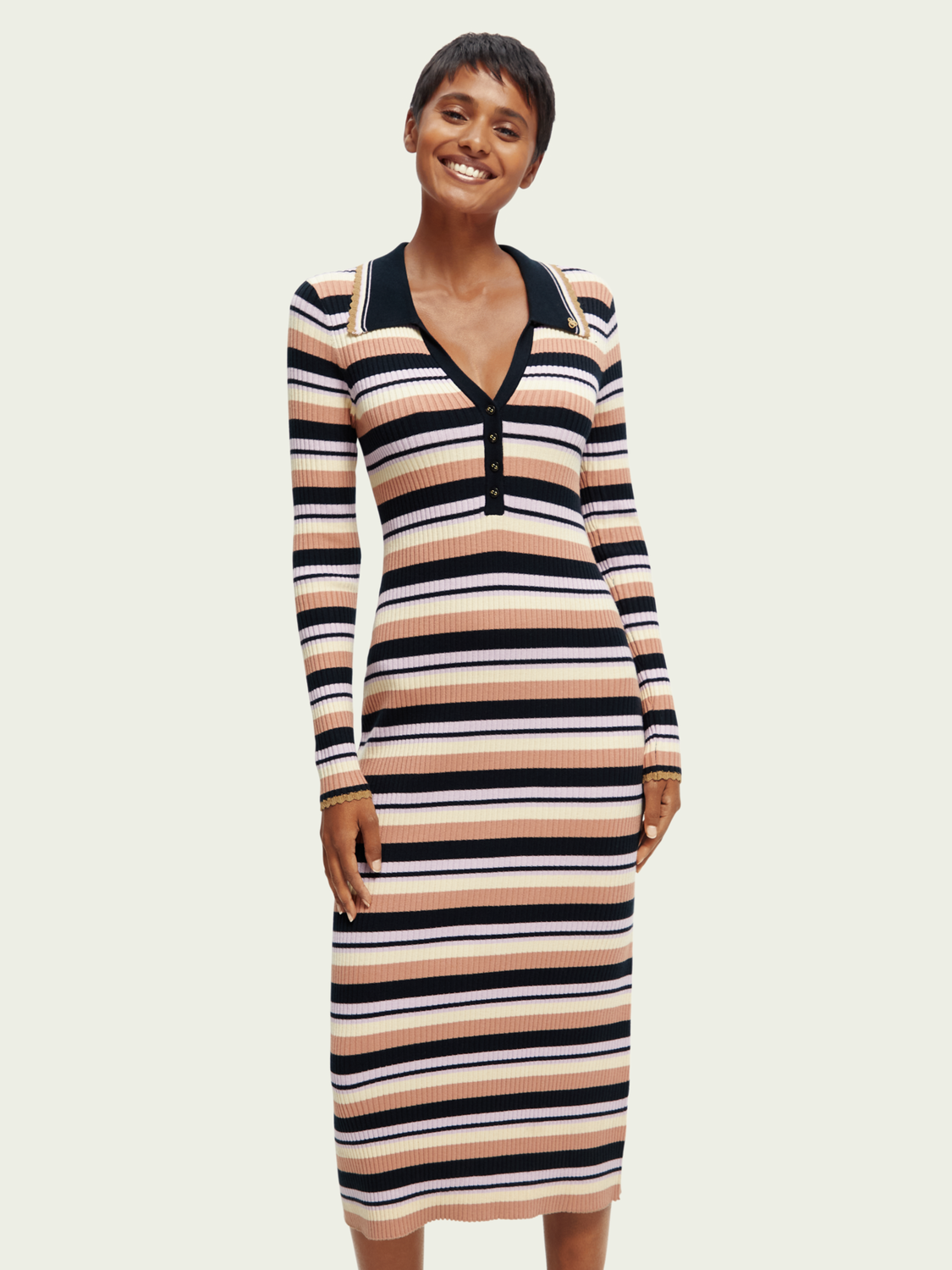 Long-Sleeved Rib Knitted Polo Midi Dress | scotch & soda outlet