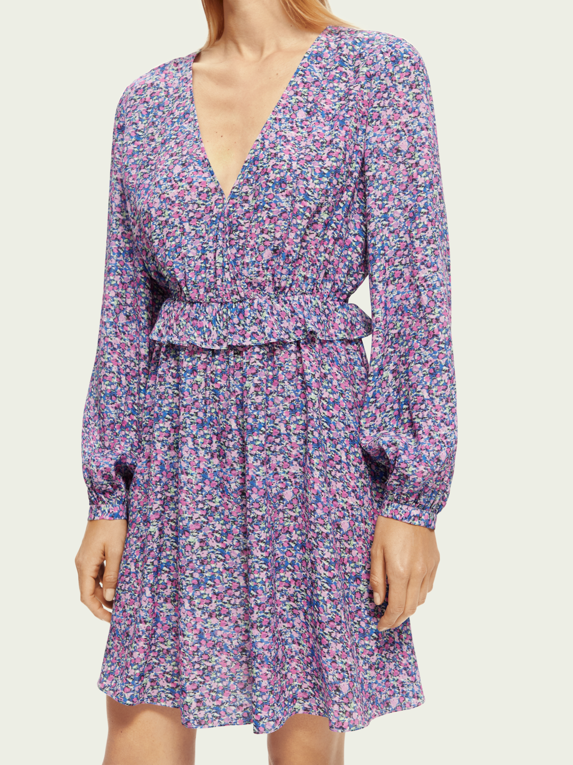 Long-Sleeved Printed V-Neck Mini Dress