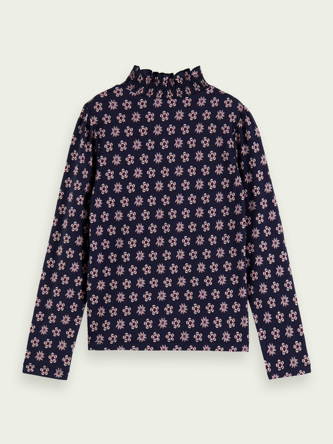 Slim Fit Printed Long-Sleeved Smocked-Neck T-Shirt