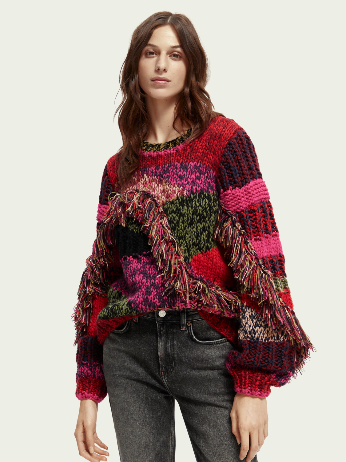 Chunky Hand-Knit Fringed Sweater | scotch & soda outlet
