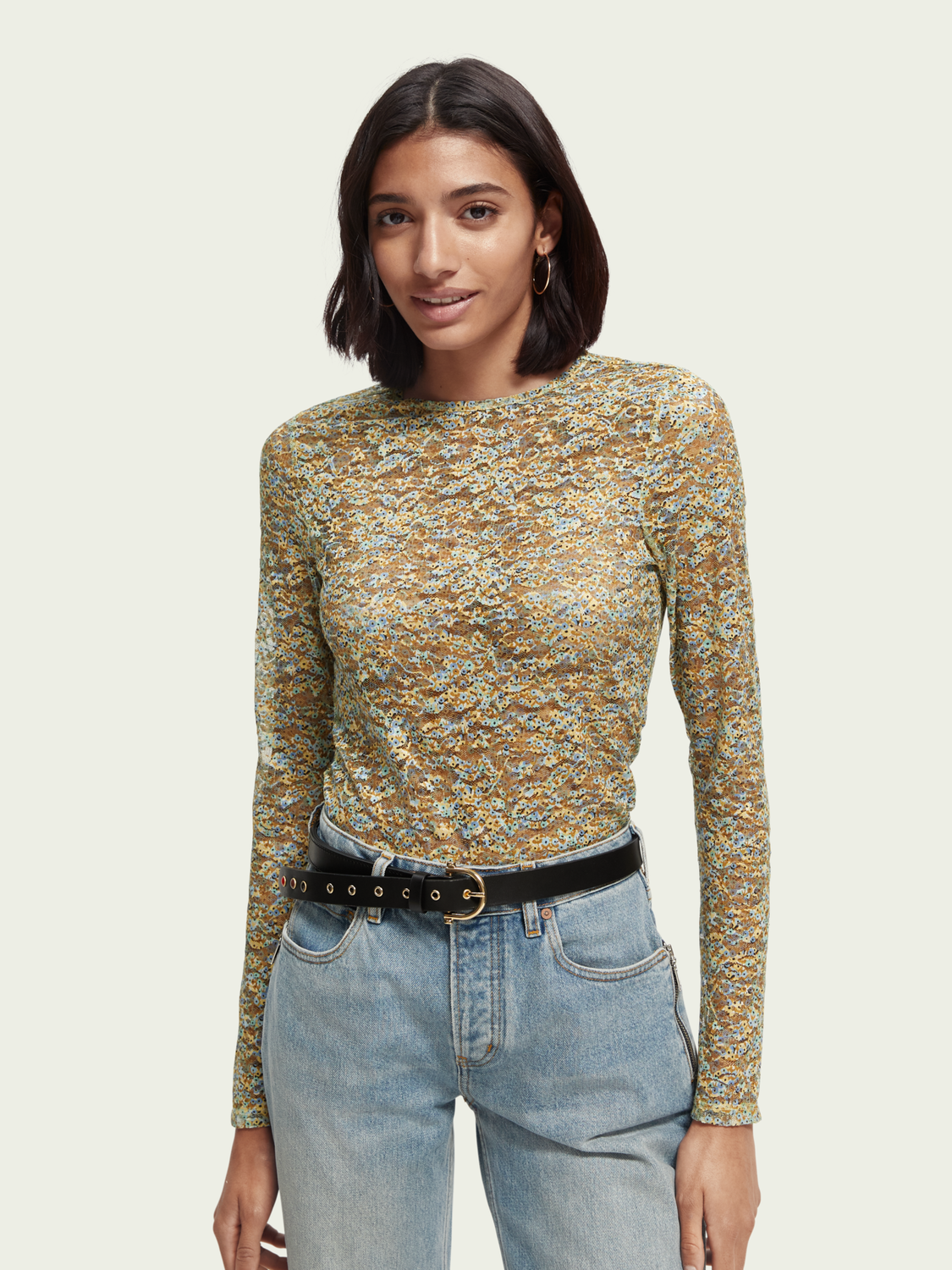 Printed Slim-Fit Sheer Lace Top | scotch & soda outlet