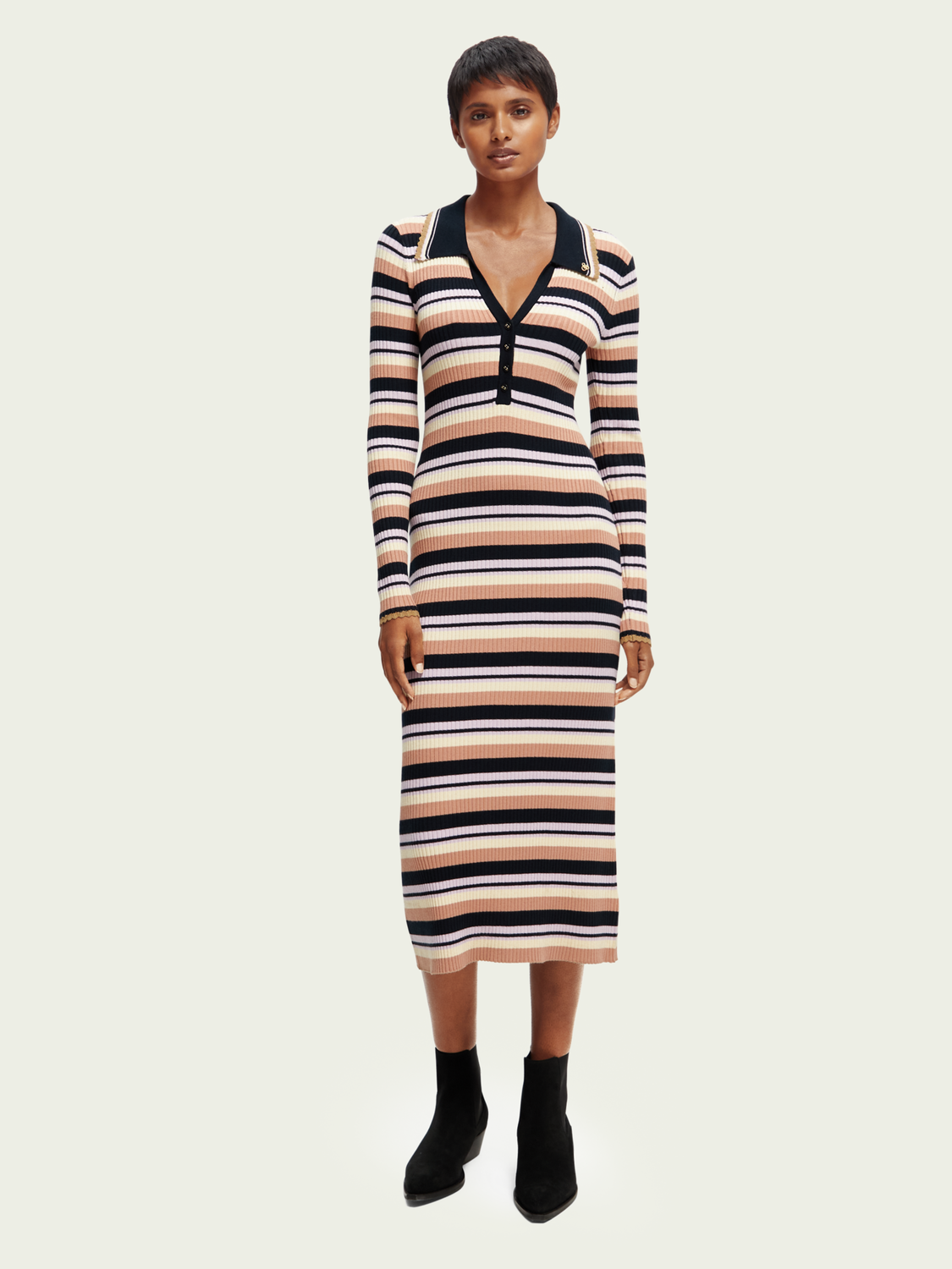 Long-Sleeved Rib Knitted Polo Midi Dress | scotch & soda outlet