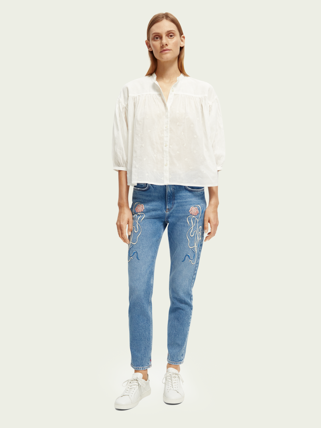 Organic Gathered Sleeve Embroidered Shirt | scotch & soda outlet